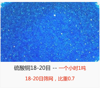篩分18-20目的硫酸銅 產(chǎn)量一個(gè)小時(shí)1噸，采用18-20目篩網(wǎng)，比重0.7