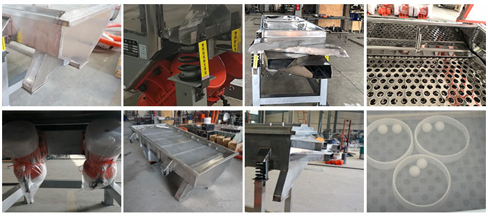 不銹鋼直線篩不同定制出料口，電機，篩網(wǎng)，篩箱，彈跳球等部件細節(jié)展示