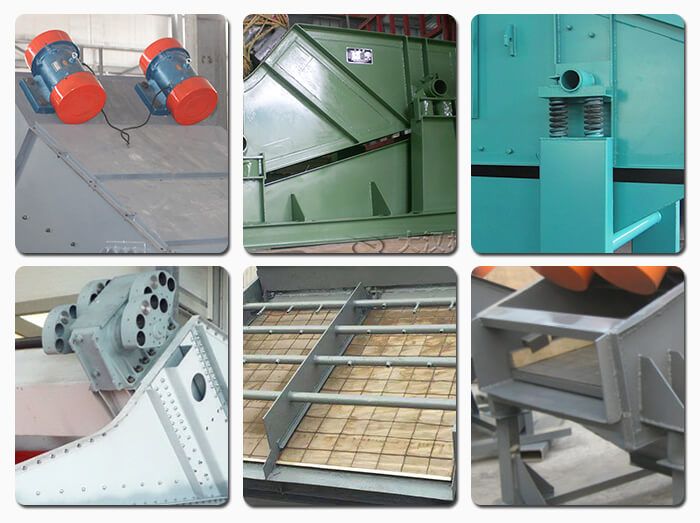 礦用振動篩主要由激振器、篩體、篩網(wǎng)、減振裝置及座架等組成。篩箱由篩框、篩板、襯板等組成