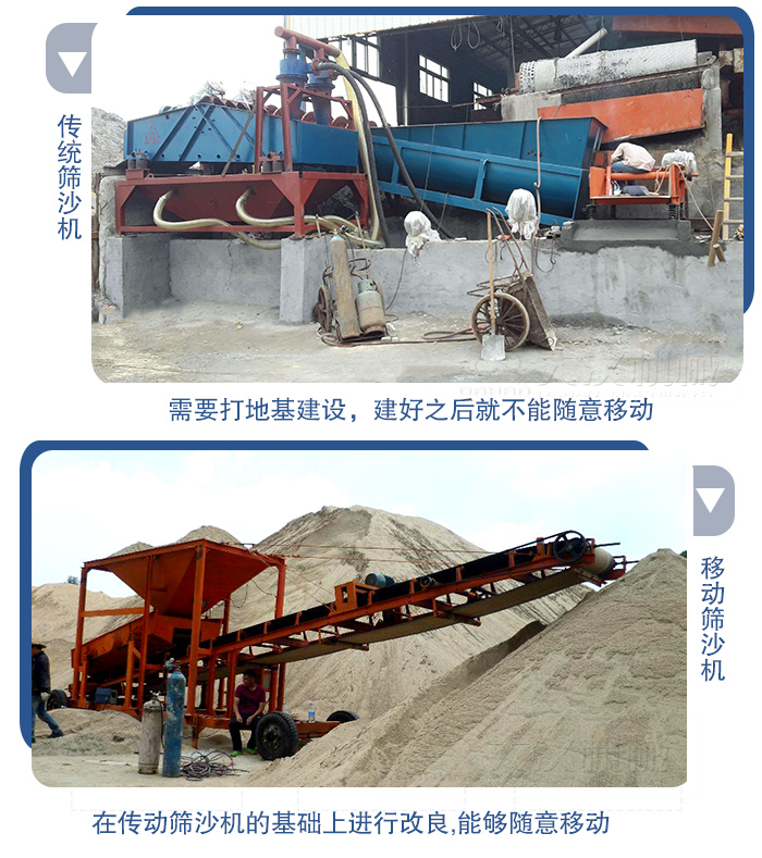 移動的篩沙機在安裝前需要打地基，而固定完畢后就不能隨意的移動，而移動篩沙機不需要打地并且隨時能夠進行移動。